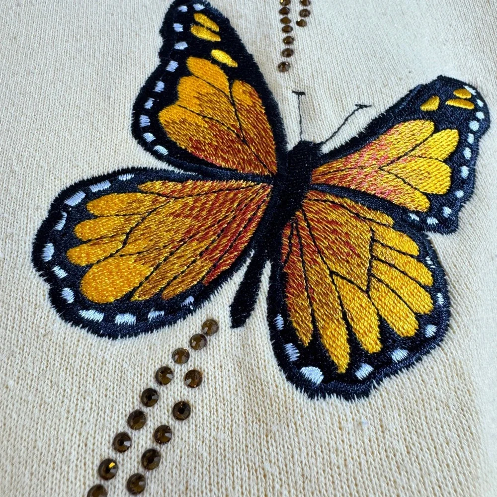 Womens Pale Yellow Butterfly Embroidered Crewneck Sweatshirt Rhinestone Sz L - Picture 4 of 11